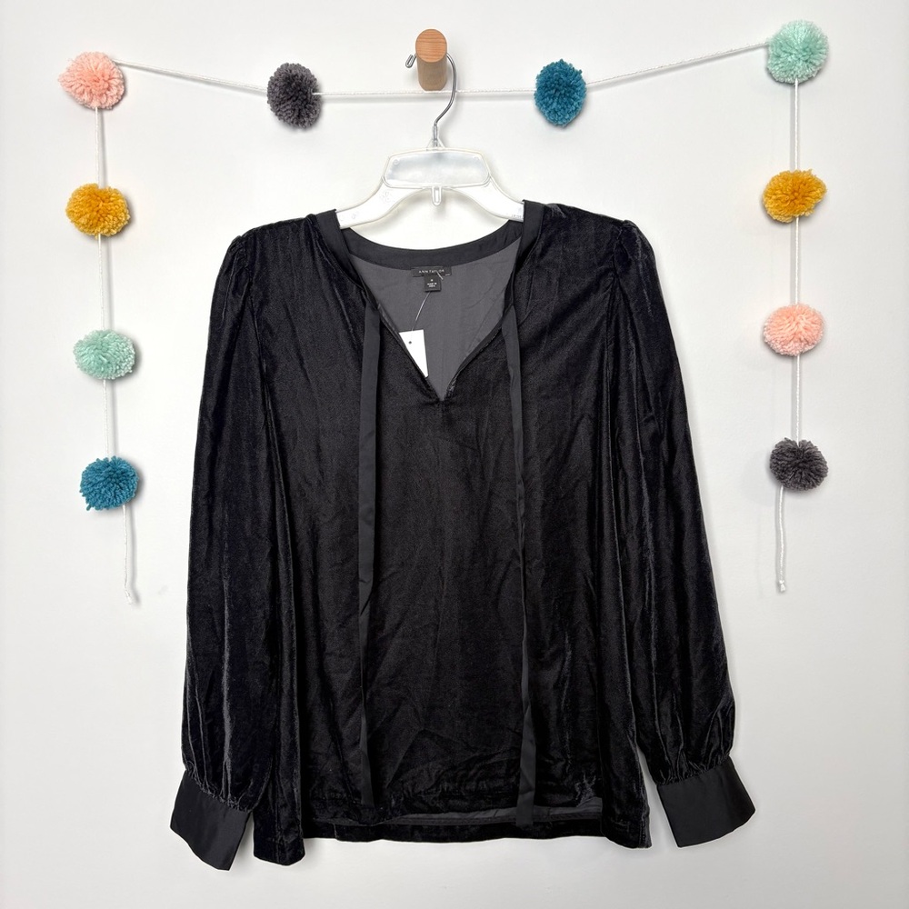 NWT Ann Taylor Black Cap Sleeve Black Velvet Tie Front Blouse